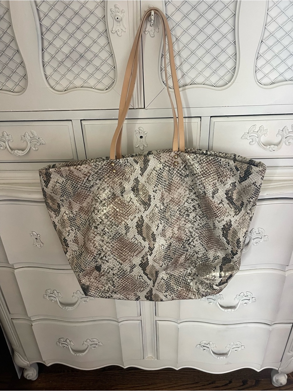 Stuart Weitzman Neutral Snake Print Tote Bag with Tan Handles
